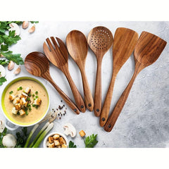 6pcs Non Stick Teak Wooden Spoons Soft Grip Comfortable Cooking Utensils