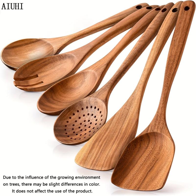 6pcs Non Stick Teak Wooden Spoons Soft Grip Comfortable Cooking Utensils