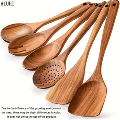 6pcs Non Stick Teak Wooden Spoons Soft Grip Comfortable Cooking Utensils