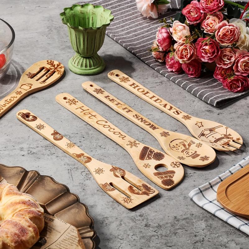 5pcs Christmas Wooden Spoons Set Burned Cooking Utensil Spoon Spatula