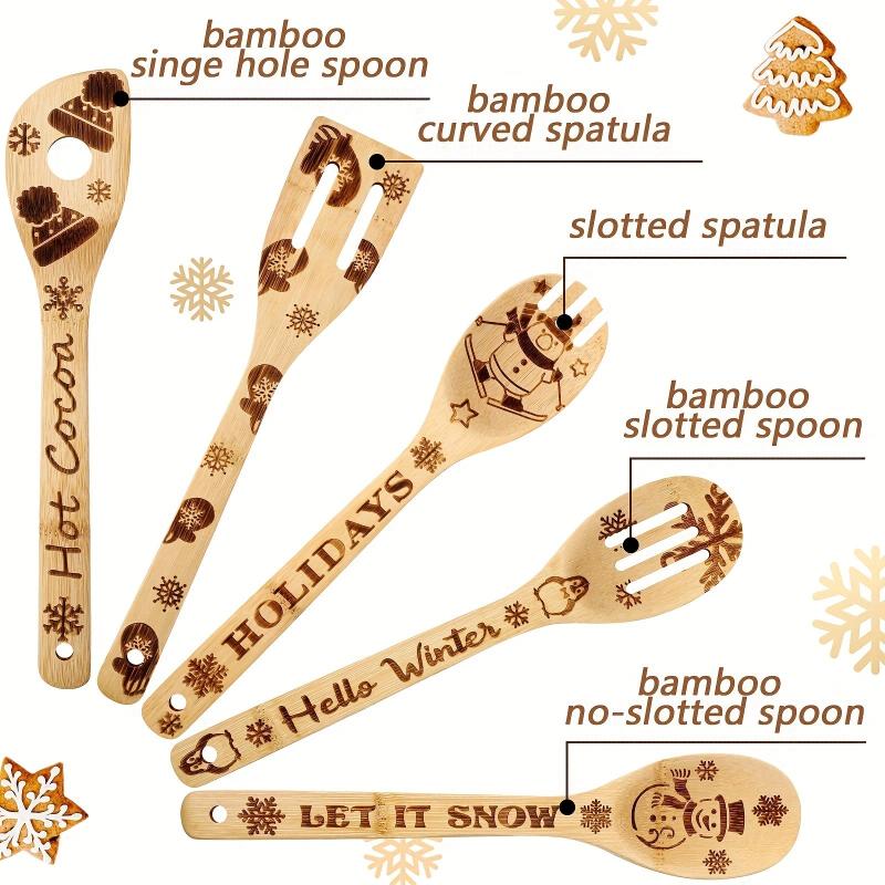 5pcs Christmas Wooden Spoons Set Burned Cooking Utensil Spoon Spatula