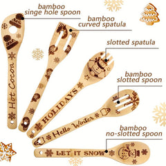 5pcs Christmas Wooden Spoons Set Burned Cooking Utensil Spoon Spatula
