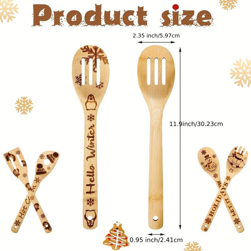 5pcs Christmas Wooden Spoons Set Burned Cooking Utensil Spoon Spatula