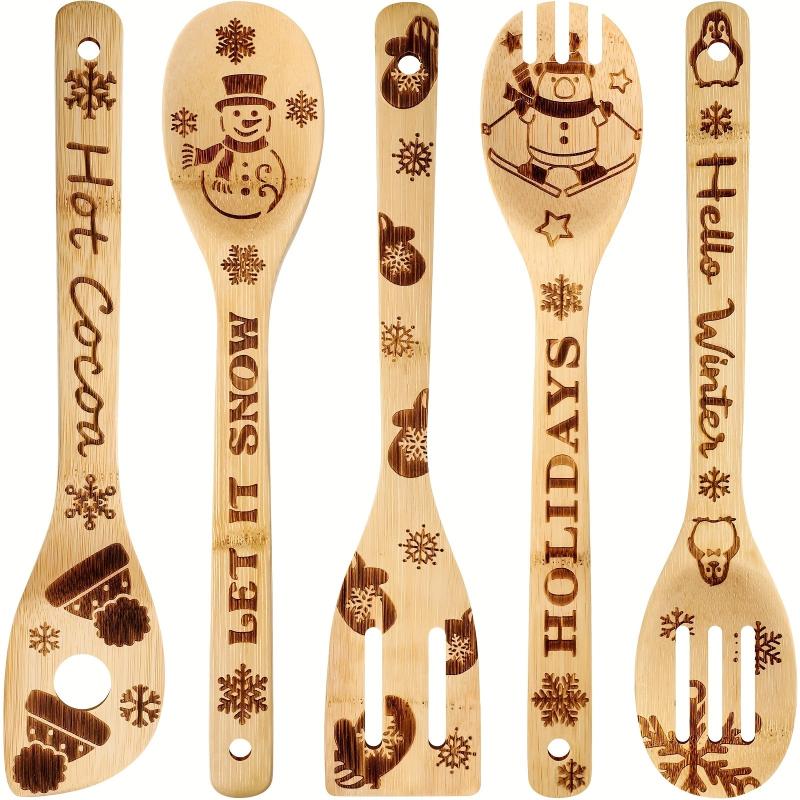 5pcs Christmas Wooden Spoons Set Burned Cooking Utensil Spoon Spatula