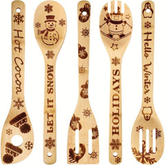 5pcs Christmas Wooden Spoons Set Burned Cooking Utensil Spoon Spatula