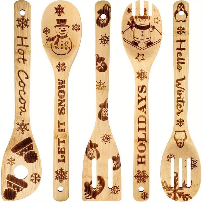 5pcs Christmas Wooden Spoons Set Burned Cooking Utensil Spoon Spatula