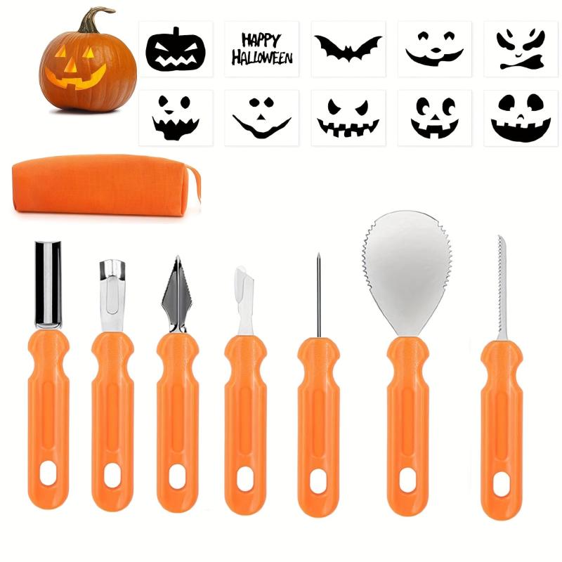 7pcs Stainless Steel Pumpkin Carving Kit with Storage Bag & 10 Paper Templates