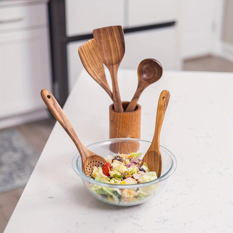 6pcs Natural Teak Wooden Spoons Set with Utensil Holder for Cooking