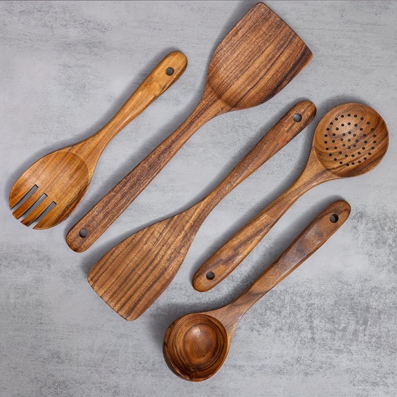 6pcs Natural Teak Wooden Spoons Set with Utensil Holder for Cooking