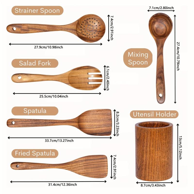6pcs Natural Teak Wooden Spoons Set with Utensil Holder for Cooking