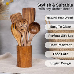 6pcs Natural Teak Wooden Spoons Set with Utensil Holder for Cooking