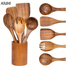 6pcs Natural Teak Wooden Spoons Set with Utensil Holder for Cooking