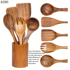 6pcs Natural Teak Wooden Spoons Set with Utensil Holder for Cooking