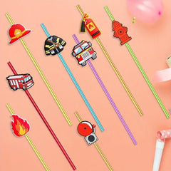 8pcs Fire Theme Reusable Straw Set for Family Gatherings and Parties