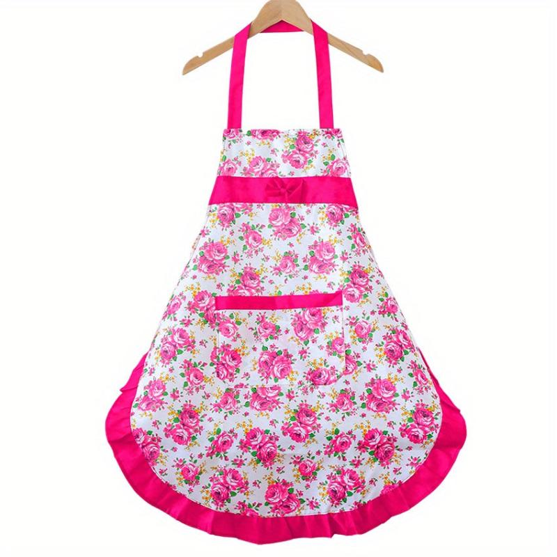 Floral Apron w/ Pockets & Ruffle Trim Halter Apron