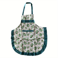 Floral Apron w/ Pockets & Ruffle Trim Halter Apron