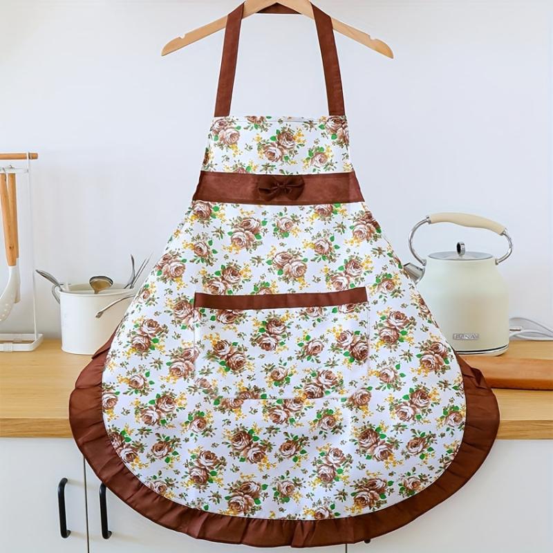 Floral Apron w/ Pockets & Ruffle Trim Halter Apron