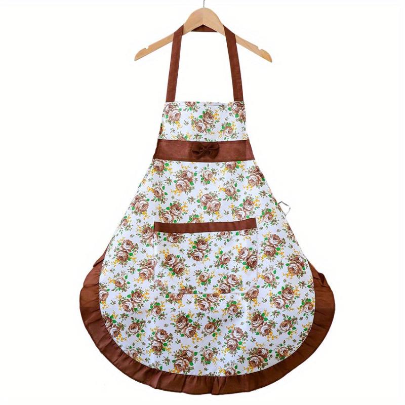 Floral Apron w/ Pockets & Ruffle Trim Halter Apron
