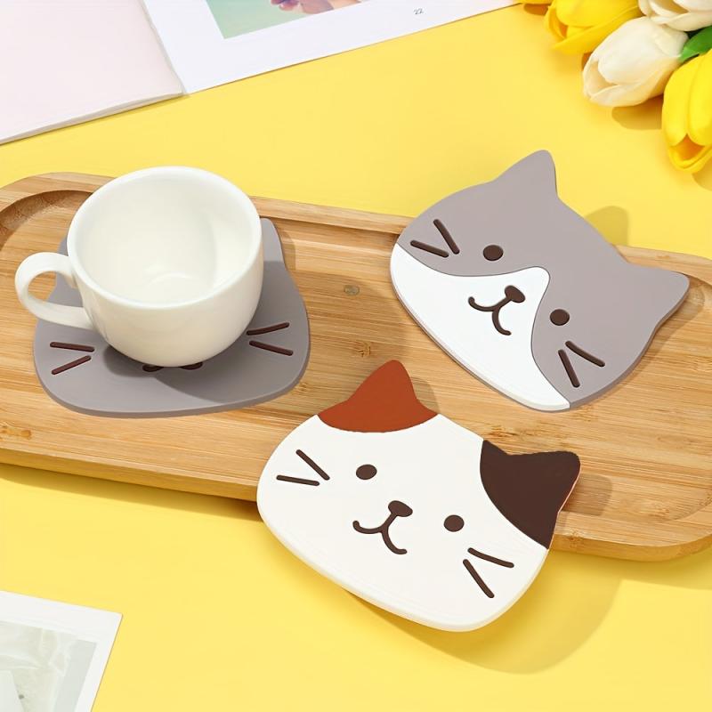 5pcs Cat Coasters Silicone Mats Tea Mugs Glasses Cups Anti Slip Pad Home