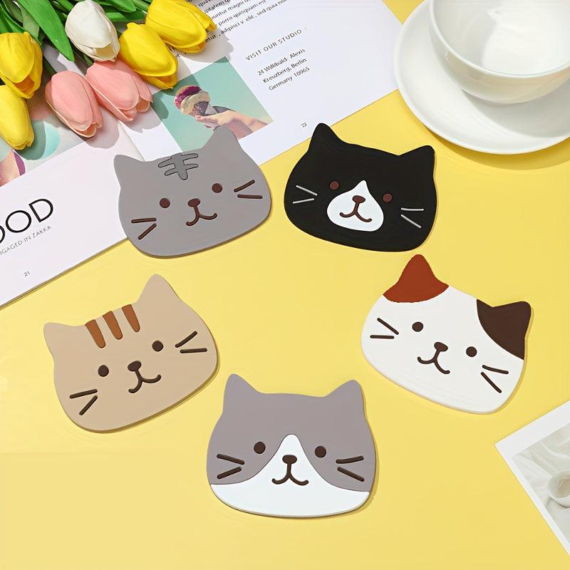 5pcs Cat Coasters Silicone Mats Tea Mugs Glasses Cups Anti Slip Pad Home