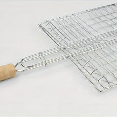 Stainless Steel BBQ Fish Clip with Wooden Handle Folding Mesh Clip