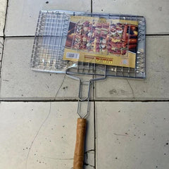 Stainless Steel BBQ Fish Clip with Wooden Handle Folding Mesh Clip