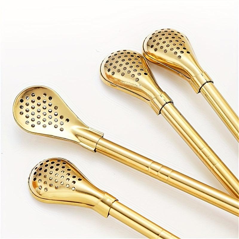5pcs 304 Stainless Steel Straw Spoon Set, Drink Coffee Stirring Filter Spoon