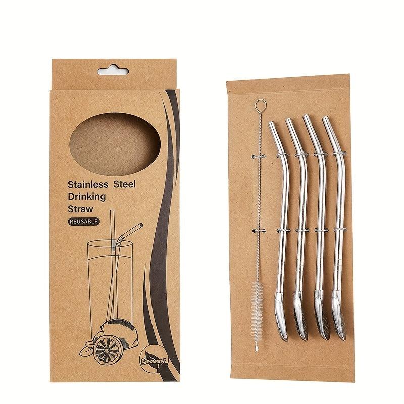 5pcs 304 Stainless Steel Straw Spoon Set, Drink Coffee Stirring Filter Spoon