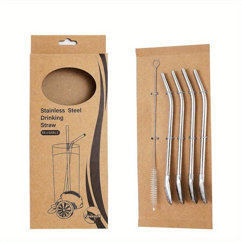 5pcs 304 Stainless Steel Straw Spoon Set, Drink Coffee Stirring Filter Spoon