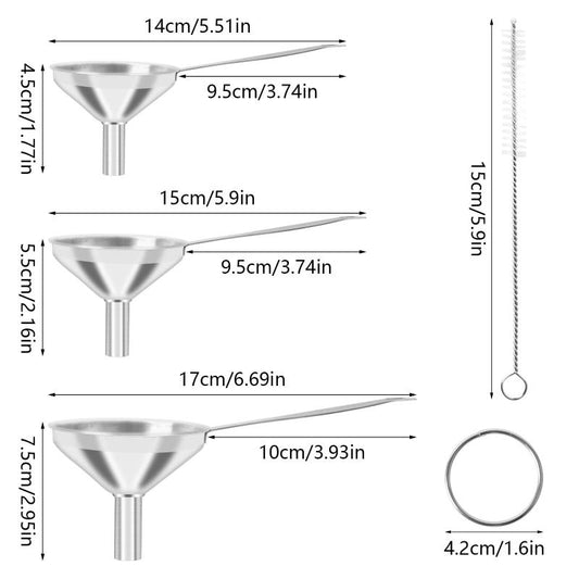 3pcs Stainless Steel Funnels Set with Cleaning Brush
