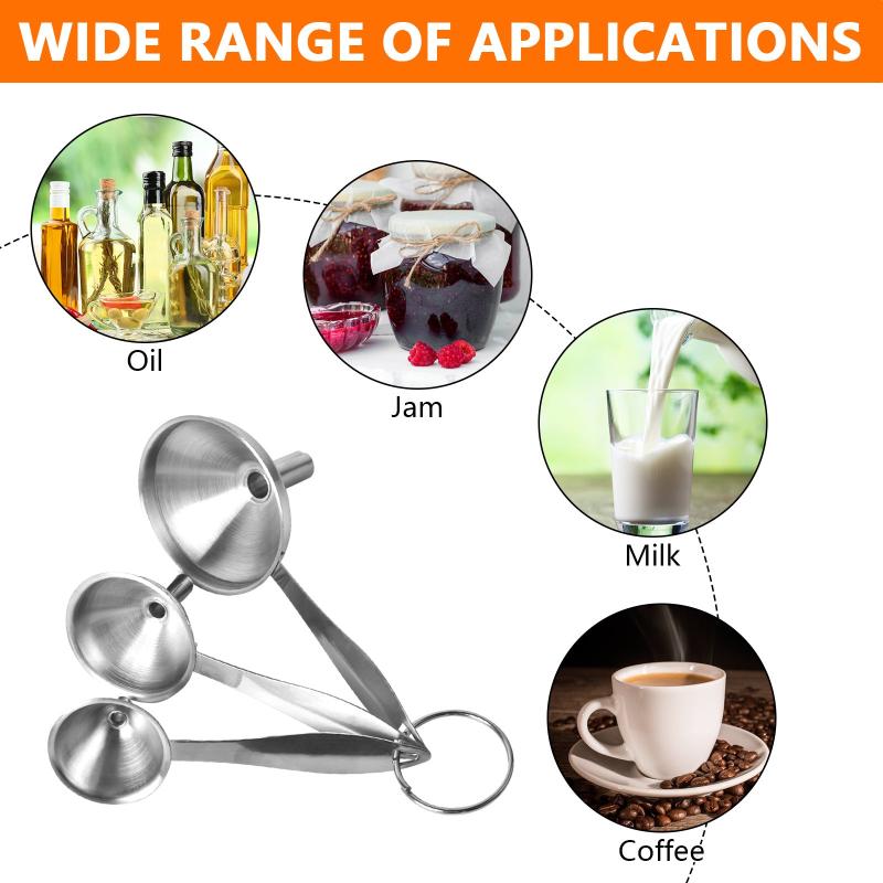 3pcs Stainless Steel Funnels Set with Cleaning Brush