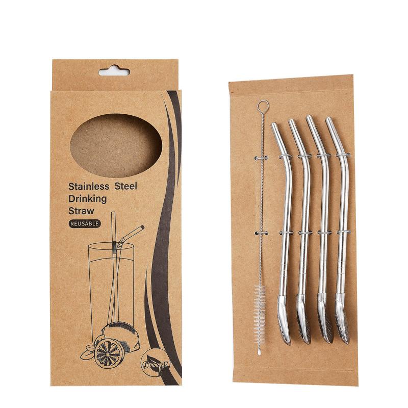 5pcs Reusable Stainless Steel Straw Spoon Set with Brush