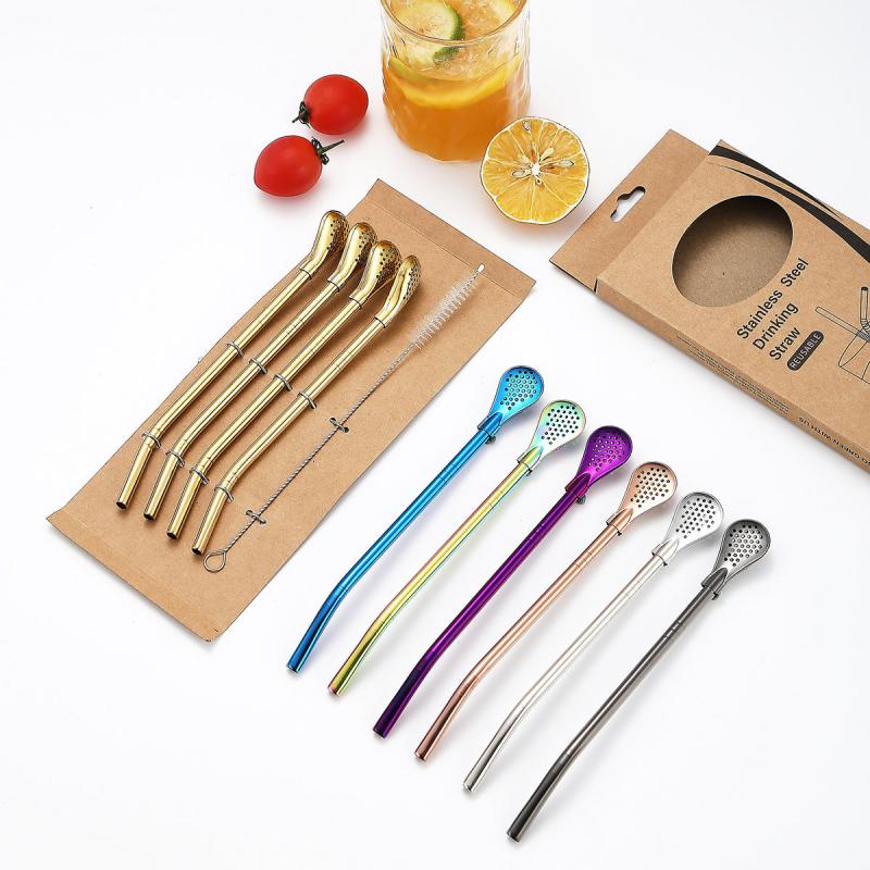 5pcs Reusable Stainless Steel Straw Spoon Set with Brush