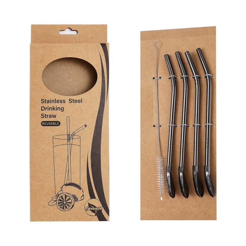 5pcs Reusable Stainless Steel Straw Spoon Set with Brush