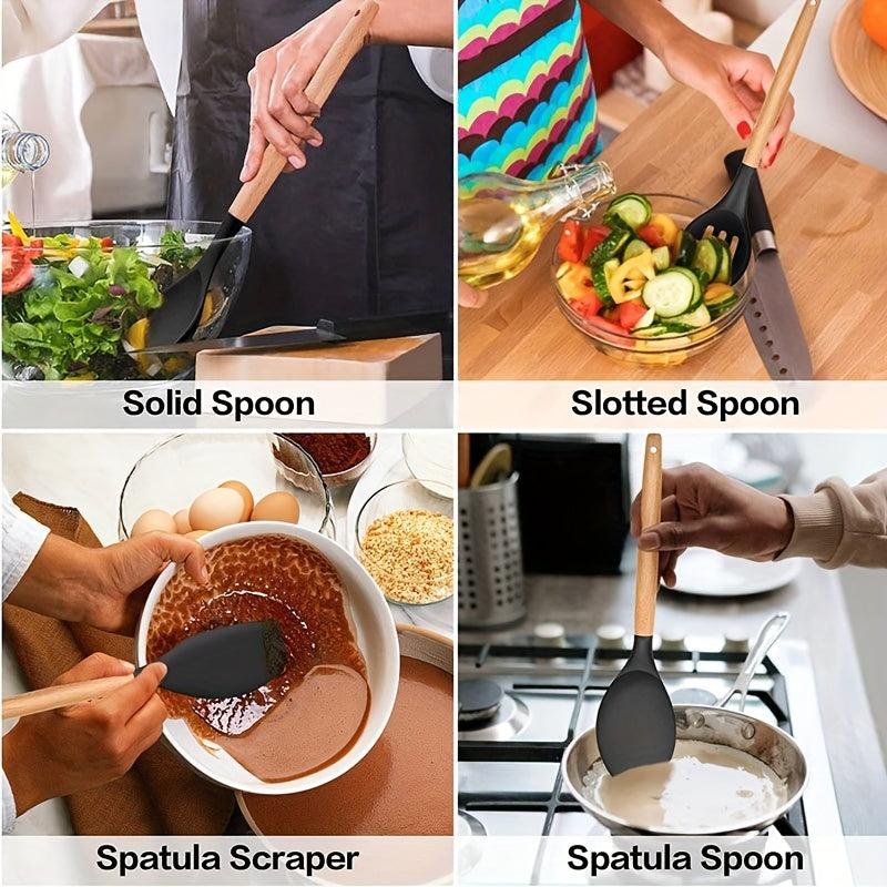 16pcs Non Stick Silicone Utensil Set with Wooden Handles