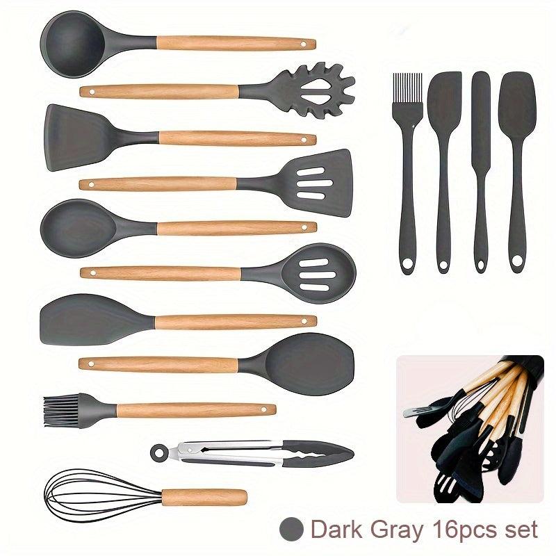 16pcs Non Stick Silicone Utensil Set with Wooden Handles