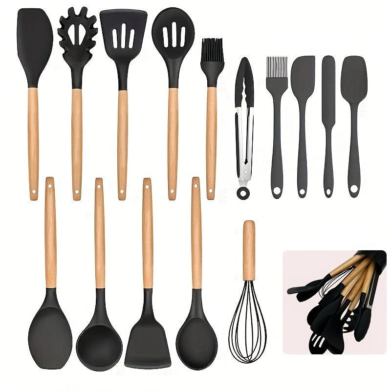 16pcs Non Stick Silicone Utensil Set with Wooden Handles