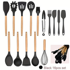 16pcs Non Stick Silicone Utensil Set with Wooden Handles
