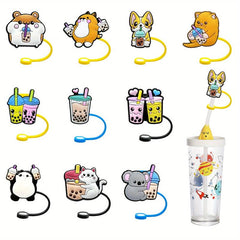 10pcs Cute Animal Reusable Straw Plugs Dust-Proof Protective Cover for Straws