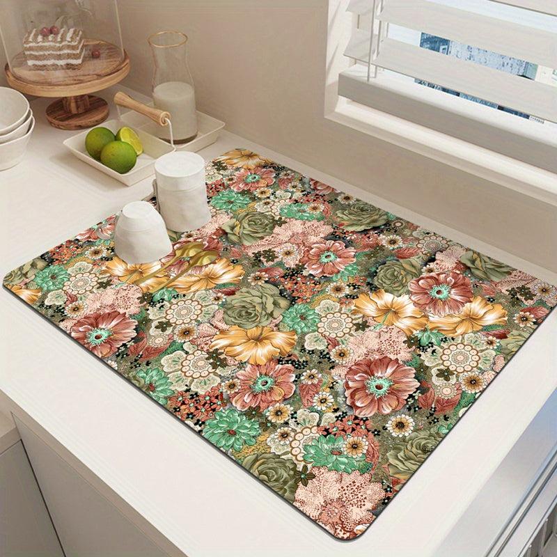 Floral Dish Drying Mat Soft Rubber Non Slip Pad Absorbent