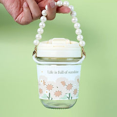 Cute Flower Tumbler with Pearl Handle & Straw