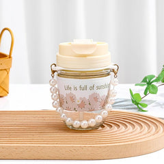 Cute Flower Tumbler with Pearl Handle & Straw