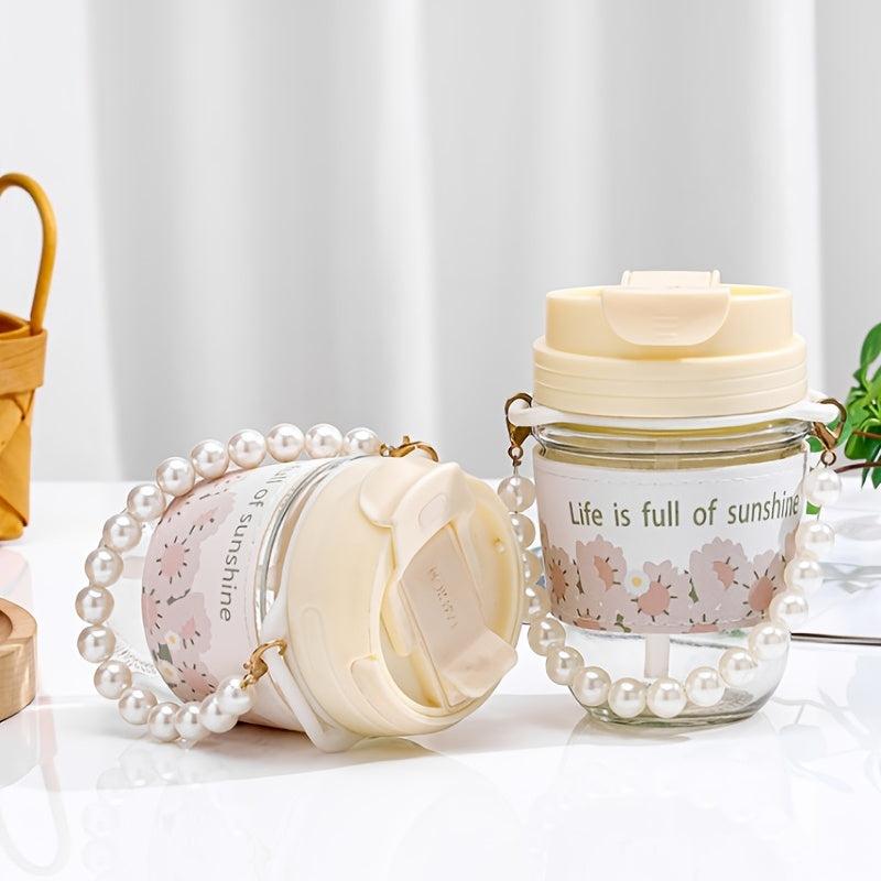 Cute Flower Tumbler with Pearl Handle & Straw