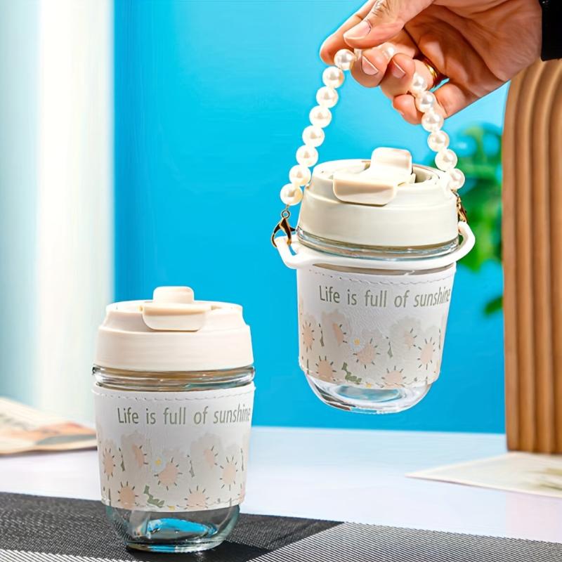 Cute Flower Tumbler with Pearl Handle & Straw