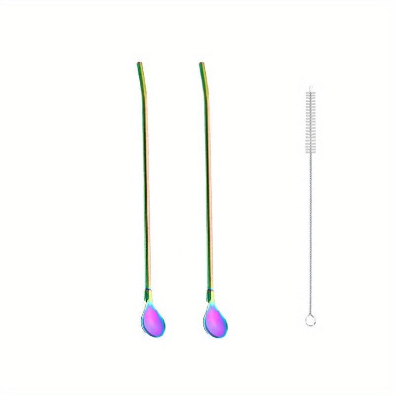 2pcs Stainless Steel Drinking Straw Spoon Tea Filter Metal Stirring Reusable
