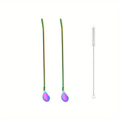 2pcs Stainless Steel Drinking Straw Spoon Tea Filter Metal Stirring Reusable
