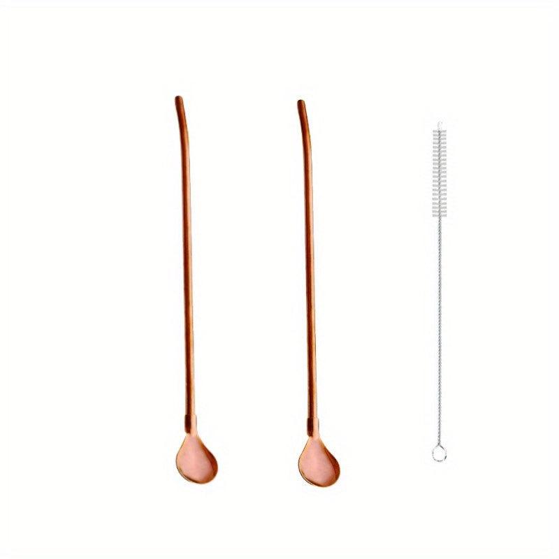 2pcs Stainless Steel Drinking Straw Spoon Tea Filter Metal Stirring Reusable