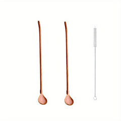 2pcs Stainless Steel Drinking Straw Spoon Tea Filter Metal Stirring Reusable