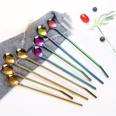 2pcs Stainless Steel Drinking Straw Spoon Tea Filter Metal Stirring Reusable