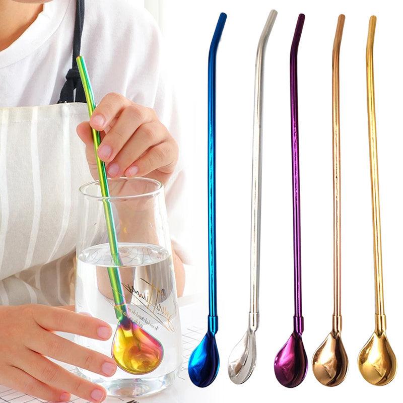 2pcs Stainless Steel Drinking Straw Spoon Tea Filter Metal Stirring Reusable